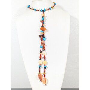 Artisan Faux Turquoise Stone Agte Quartz Long Tassel Flex Choker Necklace Boho W